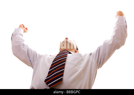 Balg Perspektive von einem Geschäftsmann siegreiche Reaktion selektiven Fokus Stockfoto