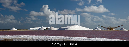 Panorama von pink Salt Flats, hohen Salz Mounds, Erntemaschinen, Verdampfung Teiche an den Salinen kommerzielle Anlage auf Bonaire, Niederländische Antillen Stockfoto