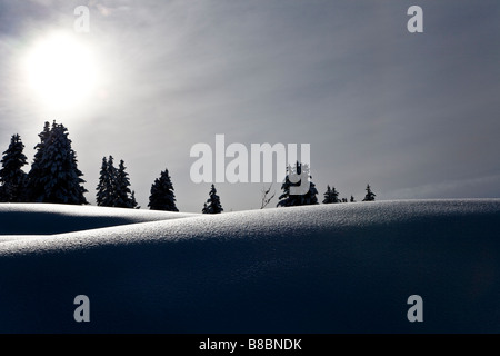 Sonnenuntergang über eine Skipiste in der Les Saises Französisch Alpes Stockfoto