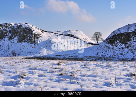 Winter auf Sycamore Gap und Highshield Klippen auf Hadrian Wall in Northumberland Stockfoto