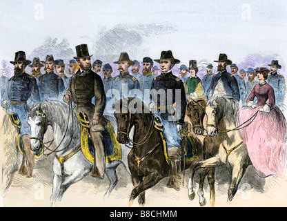Präsident Lincoln und General Hooker Überprüfung der Armee des Potomac 1863. Hand - farbige Holzschnitt Stockfoto