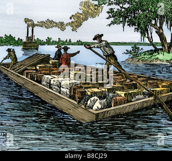 Junge Abe Lincoln arbeiten auf einem plattbodenschiff auf dem Ohio River. Hand - farbige Holzschnitt Stockfoto