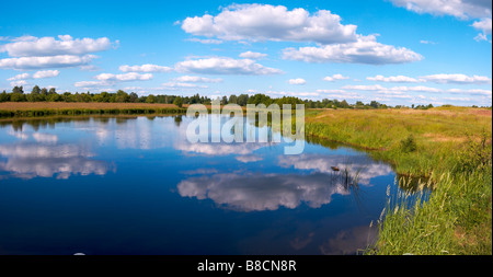 Sommer rushy Panoramablick auf den See mit Wolken Reflexionen. Vier Aufnahmen zusammengesetztes Bild. Stockfoto