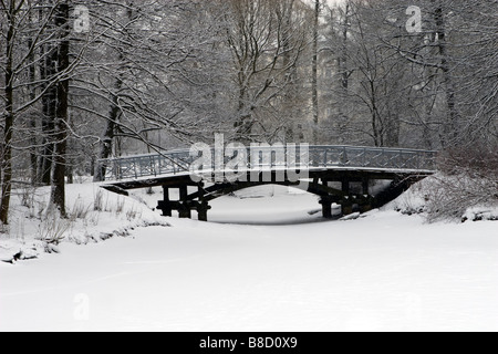 Holzbrücke mit Schnee im Winter Park bedeckt. Stockfoto