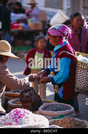 Cash-Transaktion; Frau shopping bei Wase Markt, Dali, Provinz Yunnan, China Stockfoto