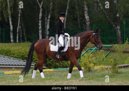 Frau in Dressur-Kostüm mit Pferd Stockfoto