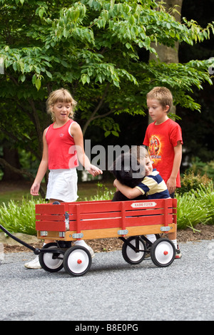 Kleinkinder mit Neufundländer Welpen Hund und roten Wagen in Wohnstraße im Sommer. Stockfoto