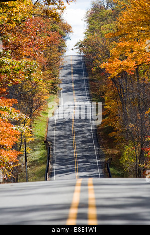 Eine leere Straße an einem Herbsttag die wandelnden Blätter und alle Farben umgeben. Stockfoto