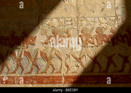 Bemalte Reliefs am Deir al-Bahri, West Bank, Luxor, Ägypten Stockfoto