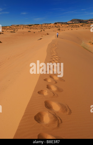 Fußspuren und Person entlang der Düne Hügelkette im Coral Pink Sand Dunes State Park Utah Stockfoto