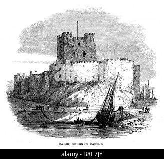 Carrickfergus Castle 1874 Gravur der normannischen Burg am Ufer des Belfast Lough Stockfoto