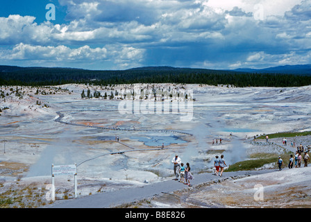 Porzellan-Becken mit Holzstegen und Wanderer, Norris Geyser Basin, Yellowstone-Nationalpark, USA Stockfoto