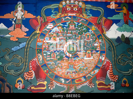 Ein Gemälde im traditionellen bhutanesischen Stil eines buddhistischen Rades des Lebens im Griff der Monster von Vergänglichkeit. Stockfoto