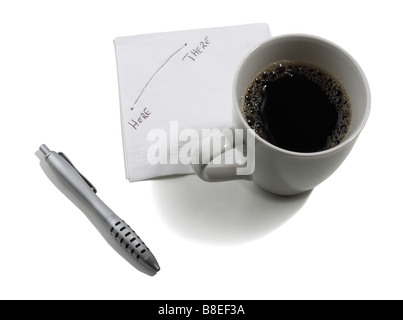 Kaffeetasse und Hinweis auf Serviette geschrieben Stockfoto