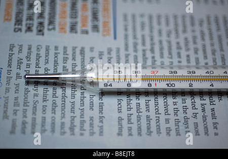 Nahaufnahme eines Thermometers vor dem Hintergrund der Text auf eine Papierseite. Dies ist die Makrofotografie. Stockfoto