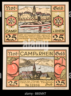 Notgeld oder Gutschein (Emergency gedruckt in Deutschland von 1914-22) 25 Pfennig Banknote aus Lager am Rhein Stockfoto