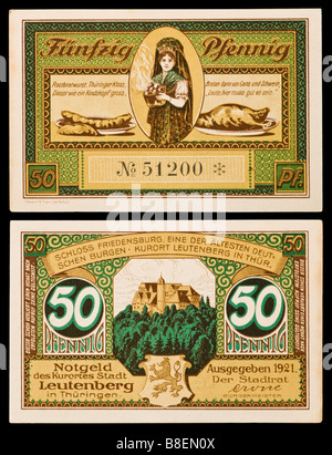 Notgeld oder Gutschein (Emergency gedruckt in Deutschland von 1914-22) 50 Pfennig Banknote aus Leutenberg in Thüringen Stockfoto