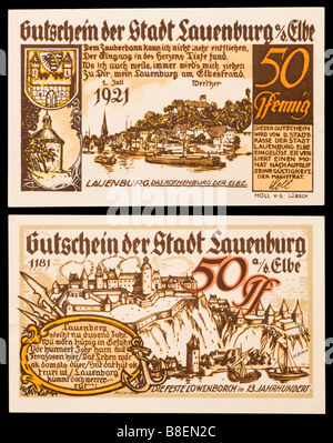 Notgeld oder Gutschein (Emergency gedruckt in Deutschland von 1914-22) 50 Pfennig Banknote von Lauenberg an der Elbe 1921 Stockfoto