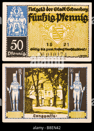 Notgeld oder Gutschein (Emergency gedruckt in Deutschland von 1914-22) 50 Pfennig Banknote von Schneeberg 1921 Stockfoto