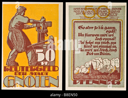 Notgeld oder Reutergeld (Emergency gedruckt in Deutschland von 1914-22) 50 Pfennig Banknote aus Gnoien zeigen Schmied Stockfoto