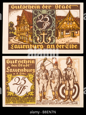 Notgeld oder Gutschein (Emergency gedruckt in Deutschland von 1914-22) 25 Pfennig Banknote von Lauenberg an der Elbe Stockfoto