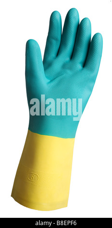 Grün gelb Rubber Glove isoliert Mitt Handschuh Schutz Finger Daumen hand Stockfoto