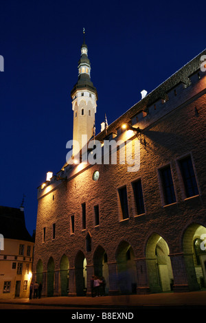 Ein Nacht-Foto des Rathauses von Tallin (Tallinna Raekoda), in der wichtigsten Platz von Estlands Hauptstadt. Stockfoto