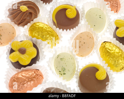 Box Luxus sortiert Gemischt schlicht und Milchschokoladen Ostern Schokolade Isoliert gegen einen weißen Hintergrund mit keine Menschen und einen Freistellungspfad Stockfoto