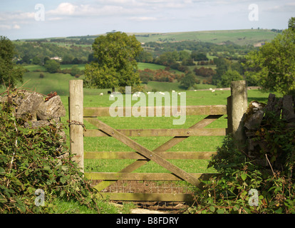 Ein Blick durch ein Holztor, umliegende Landschaft auf dem Tissington TRail in der Nähe des Dorfes Parwich in Derbyshire UK Stockfoto