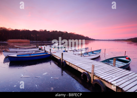 Ein Winter-Sonnenaufgang über einem gefrorenen Ormesby breit auf der Norfolk & Suffolk Broads, UK Stockfoto