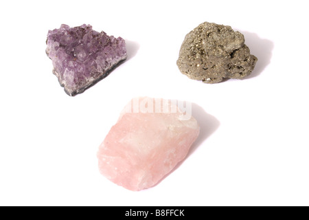 Rosenquarz, Amethyst Kristall, Eisen-Pyrit Stockfoto