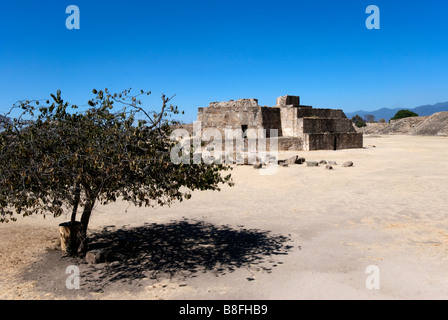 Ansicht der Sternwarte, Blick nach Norden über den großen Platz in den archäologischen Ruinen der Zapoteken Stadt von Monte Alban Stockfoto