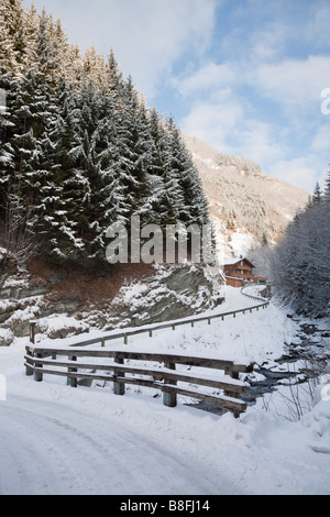 Rauris Österreich Blick entlang der Bergstraße nach Gaisbachtal in Alpine Valley mit Tannen Bäumen nach starkem Schneefall im Winter Stockfoto