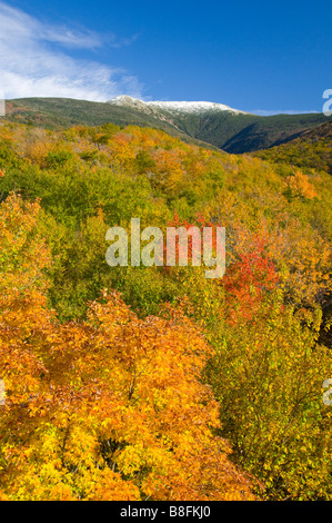 Herbstfarben Laub und Schnee auf Mount Lafeyette von Franconia Notch in New Hampshire USA Stockfoto