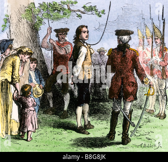 Nathan Hale durch die Briten als Spion 1776 gehängt. Hand - farbige Holzschnitt Stockfoto