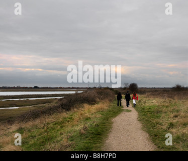 Drei Menschen zu Fuß entlang eines Pfades auf zwei Tree Island in Essex. Stockfoto