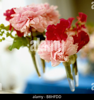 Rosa Pfingstrosen und rote Sweetpeas in einzelnen Stamm Vasen Stockfoto