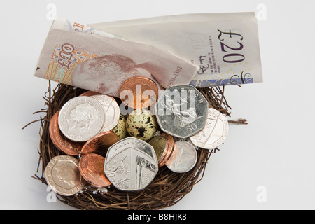 Haufen von UK Geld in verschiedenen Stückelungen auf ein künstliches Nest mit Eiern von oben. England-Großbritannien Stockfoto