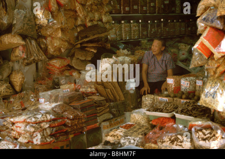 Ältere Verkäufer verkaufen getrocknet, chinesische Heilkräuter und Nahrungsmittel im Großhandel Marktstand Sheung Wan, Hong Kong Insel Stockfoto
