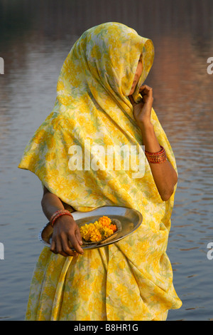 Frau trägt Sari, stehend im Fluss mit Ringelblume anbieten, Agra, Indien Stockfoto