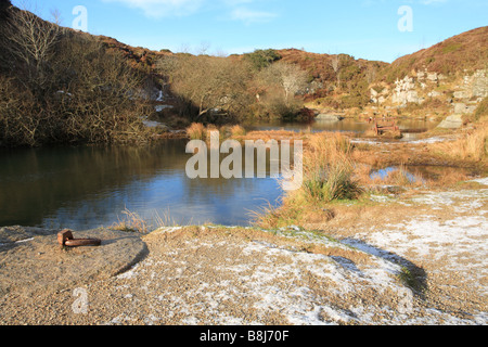 Haytor Steinbruch im Winter mit Schnee. Dartmoor, Devon. England Stockfoto