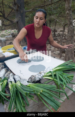 Mexikanisches Essen an einem Grill in der Nähe von Cosala, Sinaloa State vorbereitet. Mexiko. So dass blaue Maistortillas und gebratenen Zwiebeln. Stockfoto