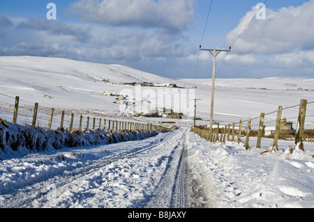 dh ROADS UK eisige verschneite Straße Schneefelder Bauernhäuser Hydro Elektrische Pole Orkney countrylane wintertime Lane Winter country Schottland ländlich Stockfoto