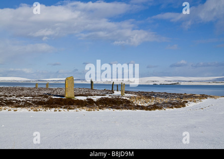 dh RING OF BRODGAR ORKNEY Stone Circle Henge Schnee Landschaft Harray Loch prähistorischen Snowscape winter Stockfoto