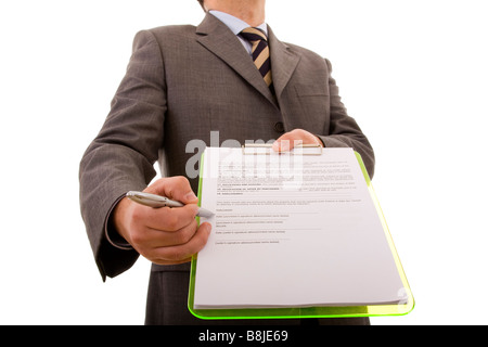 Geschäftsmann Hand auf die Stelle in einem Dokument dem Bedürfnis ist Ihre Unterschrift selektiven Fokus Stockfoto
