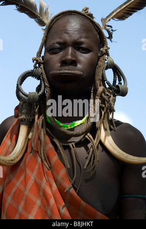 Frau Mursi Stamm unteren Omo-Tal-Äthiopien Stockfoto