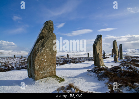 dh RING OF BRODGAR ORKNEY Stone Circle neolithischen Henge Schneelandschaft Stockfoto
