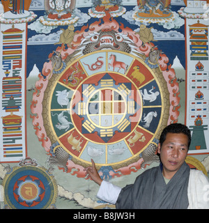 Bhutan Reiseführer in Nationaltracht erklärt einem traditionellen tibetischen Kalender und astrologisches Diagramm Stockfoto