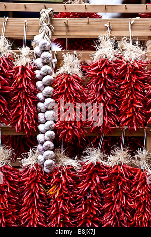 Chili-Ristras und Zöpfe Knoblauch angezeigt im outdoor-Markt in Santa Fe, New Mexico Stockfoto