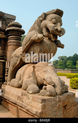 Tempel Nr. 1 Lion auf Elefanten zeigen. Konark Sun Temple, Orissa, Indien. UNESCO-Weltkulturerbe. Stockfoto